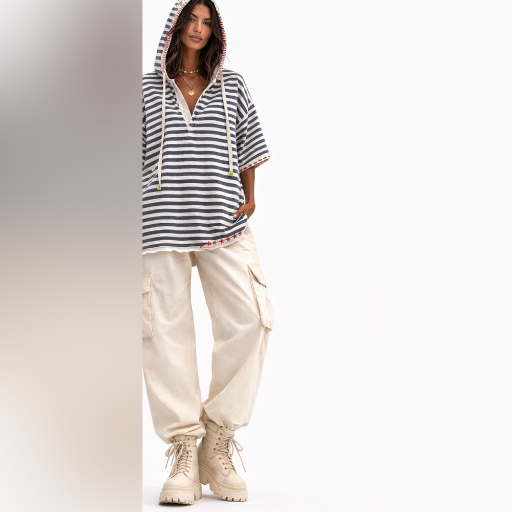 Oversized Organic Cotton Hooded Top, Star Appliqué Striped Boho Unisex Hoodie - Picture 4 of 14